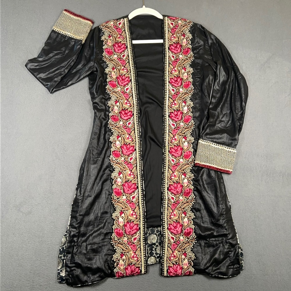 Unbranded Embroidered Duster Women M Black Floral Open Front Longline Cardigan